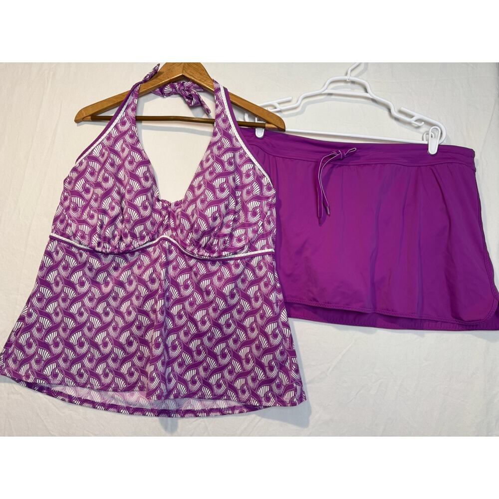 Lands End Tankini Top Skort Womens 24W Purple Swimsuit Halter Art Deco Geometric